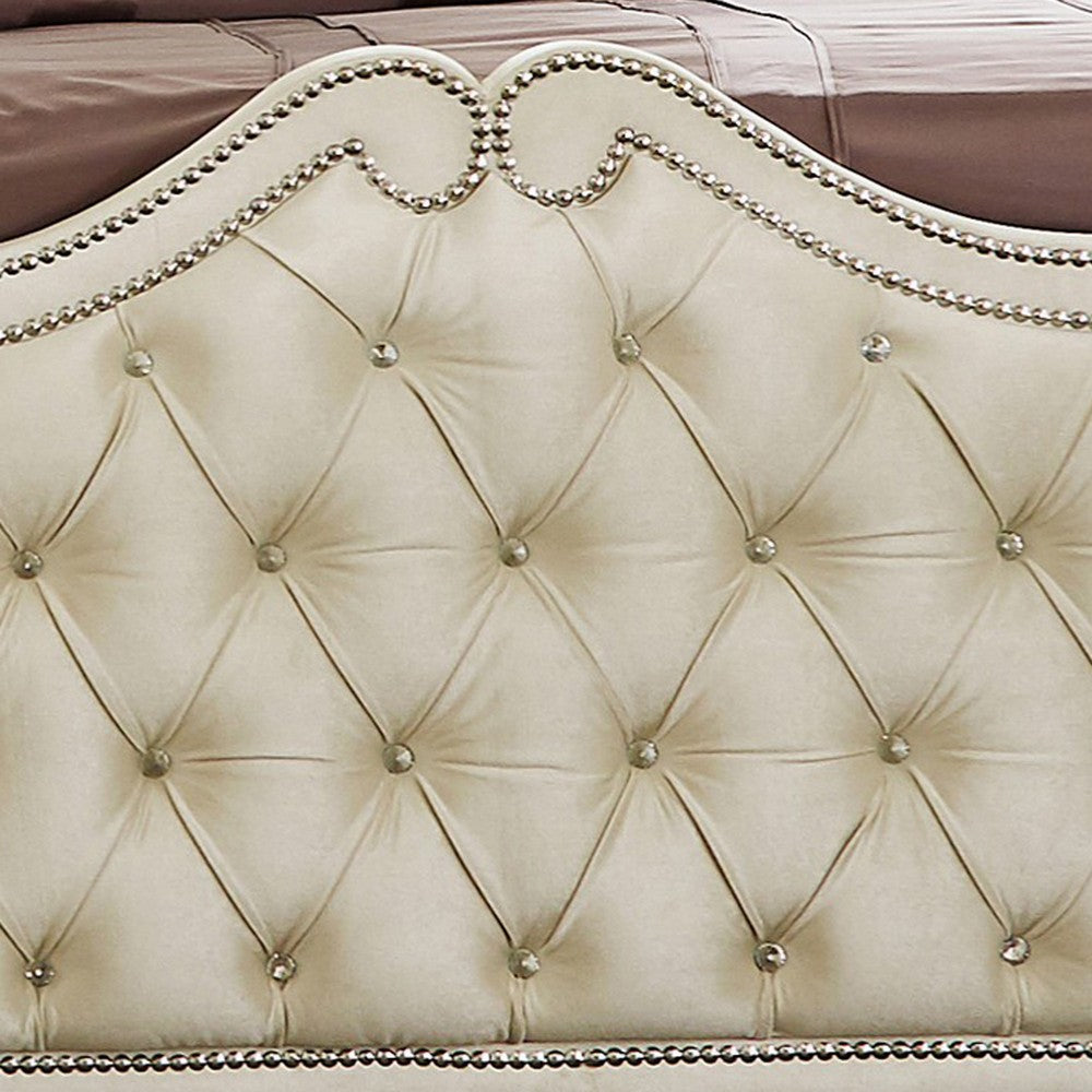 Lino Wood King Bed, Opulent Tufted Velvet Upholstery, French Carved, Ivory