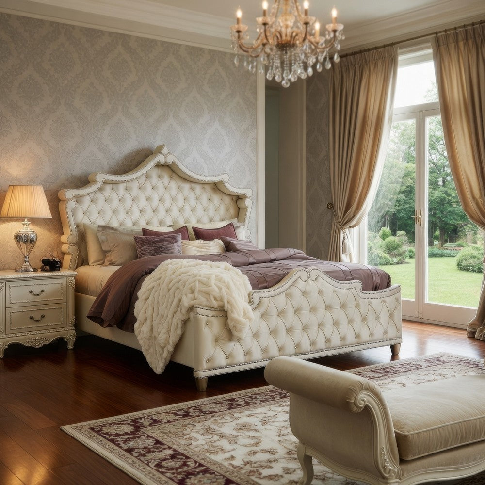 Lino Wood King Bed, Opulent Tufted Velvet Upholstery, French Carved, Ivory