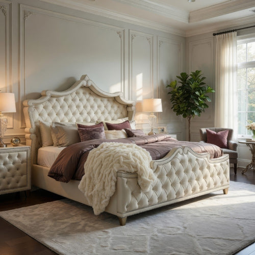 Lino Wood King Bed, Opulent Tufted Velvet Upholstery, French Carved, Ivory