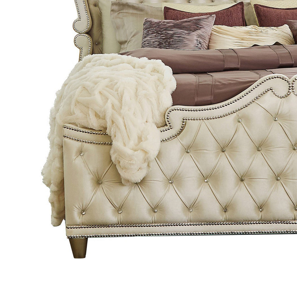 Lino California King Bed Ivory Tufted Velvet Upholstery French Carved BM302789