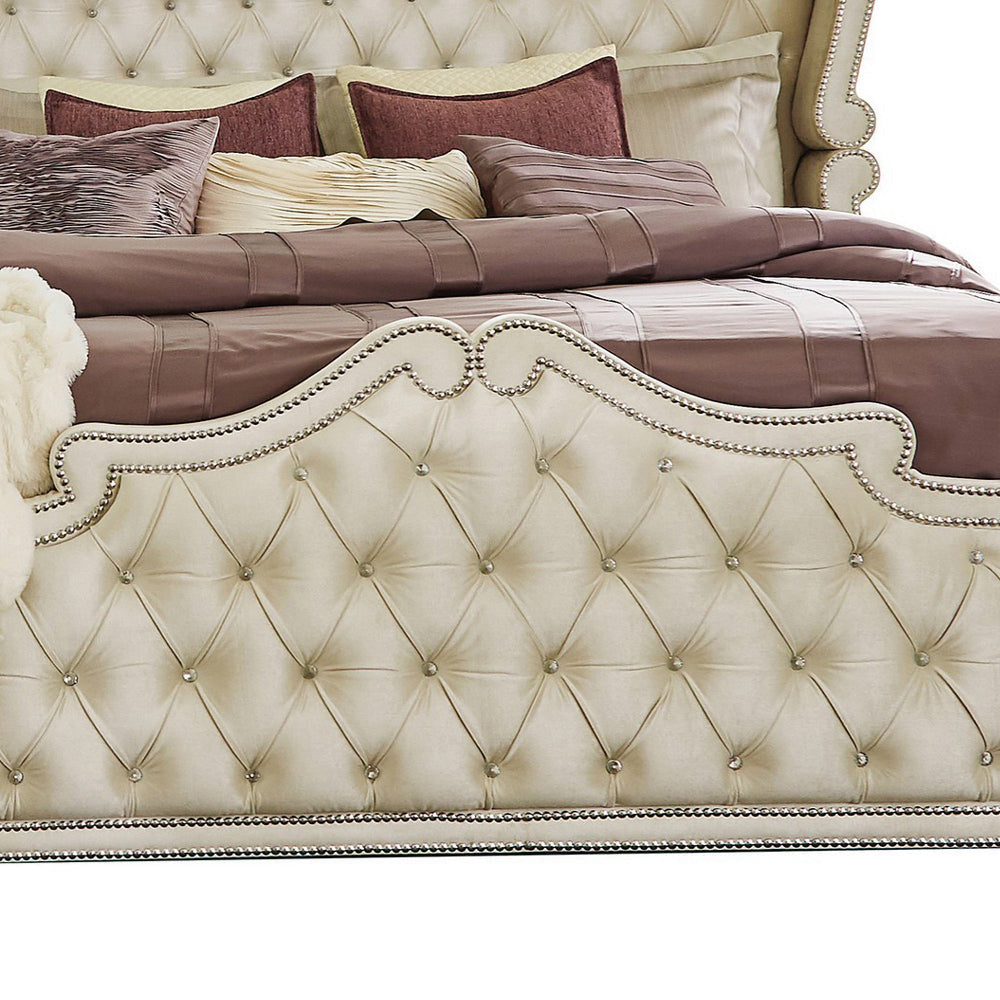 Lino California King Bed Ivory Tufted Velvet Upholstery French Carved BM302789