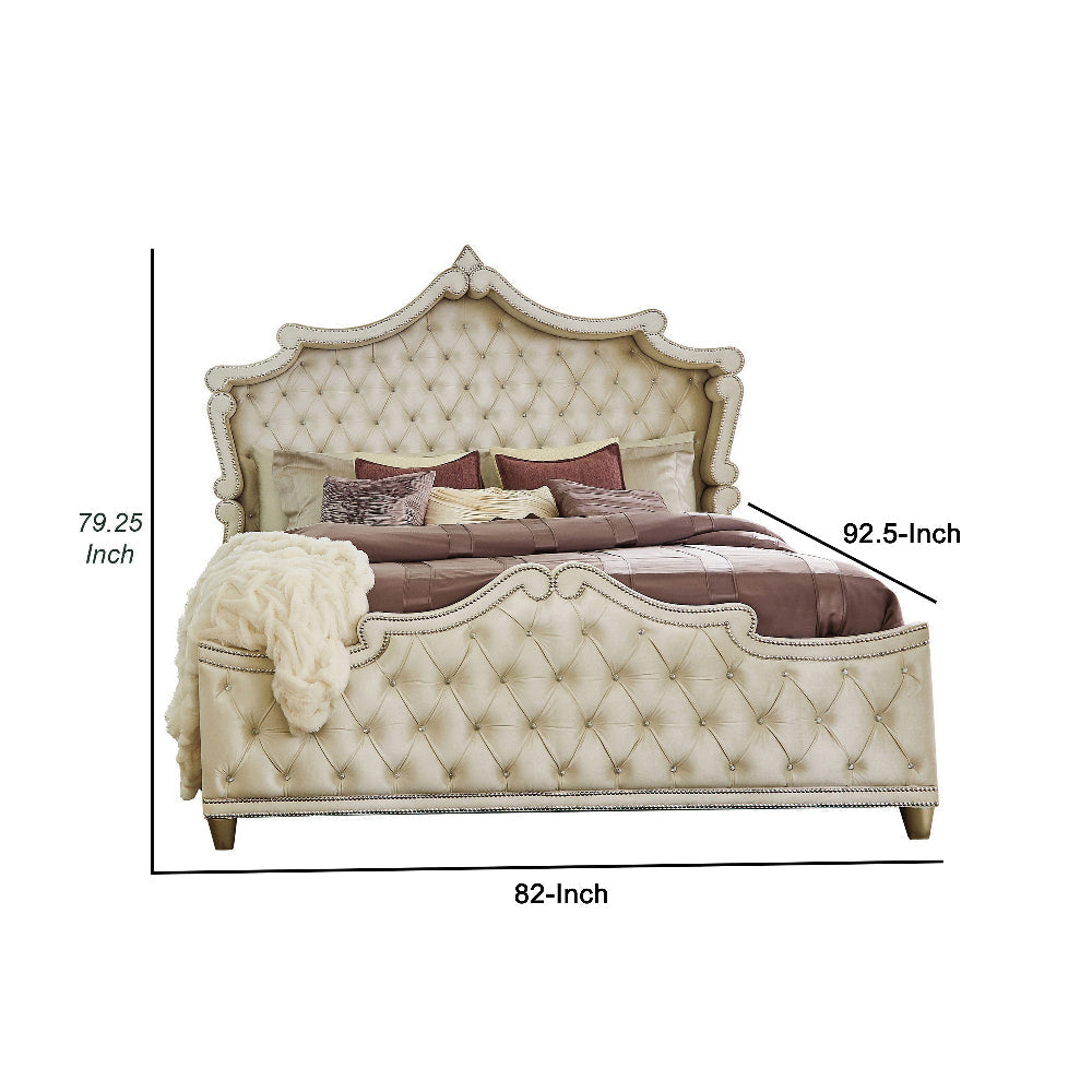 Lino California King Bed Ivory Tufted Velvet Upholstery French Carved BM302789