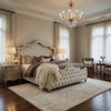 Lino California King Bed, Ivory Tufted Velvet Upholstery, French Carved