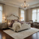 Lino California King Bed, Ivory Tufted Velvet Upholstery, French Carved