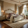 Lino California King Bed, Ivory Tufted Velvet Upholstery, French Carved