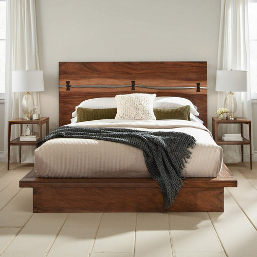 Zeko Queen Size Platform Plinth Bed with Natural Edge, Walnut Brown Wood