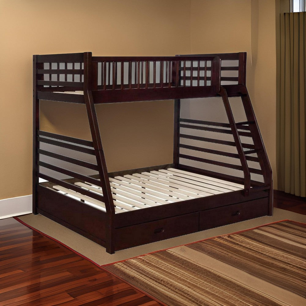 Twin Over Full Bunk Beds with 2 Storage Drawers and Guardrails, Brown