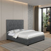 Bima Queen Size Bed, Scalloped, Nailhead Trim, Gray Fabric Upholstered