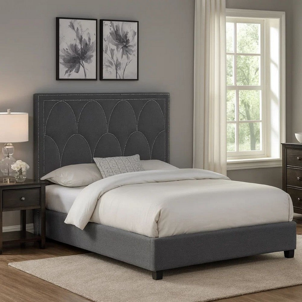 Bima King Size Bed, Scalloped, Nailhead Trim, Gray Fabric Upholstered