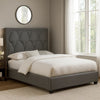 Bima King Size Bed, Scalloped, Nailhead Trim, Gray Fabric Upholstered