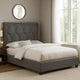 Bima King Size Bed, Scalloped, Nailhead Trim, Gray Fabric Upholstered