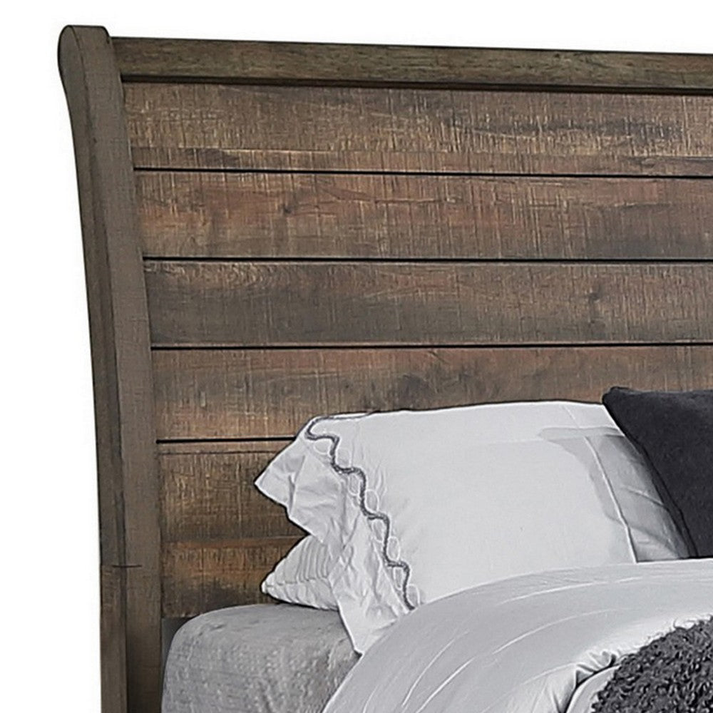 Que Wood Queen Size Bed with Curved Plank Sleigh Design Rustic Brown By Casagear Home BM302809