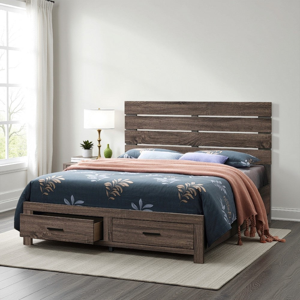 Ach Wood Queen Storage Bed with 2 Drawers, Plank Style Headboard, Brown