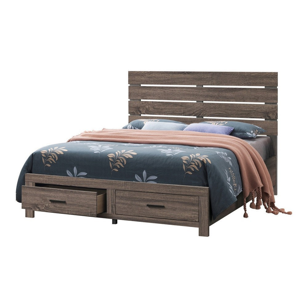 Ach Wood Queen Storage Bed with 2 Drawers, Plank Style Headboard, Brown