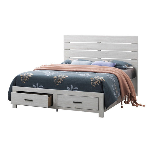 Ach Wood Queen Storage Bed with 2 Drawers, Plank Style Headboard, White By Casagear Home