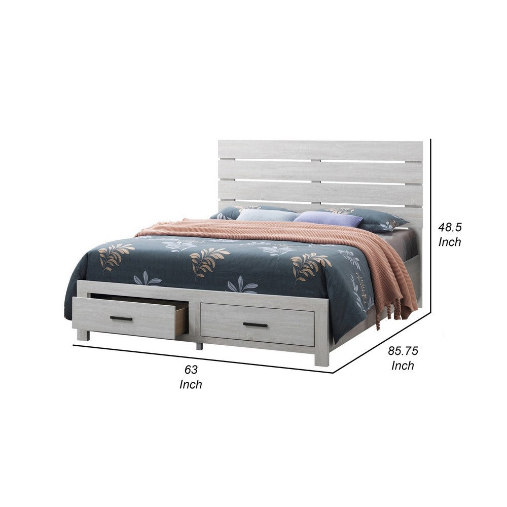 Ach Wood Queen Storage Bed with 2 Drawers Plank Style Headboard White By Casagear Home BM302814