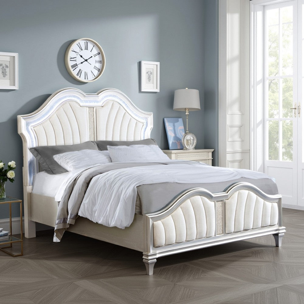 Nive Queen Bed, Oak Wood, Double Arched Upholstered Headboard, Ivory Silver