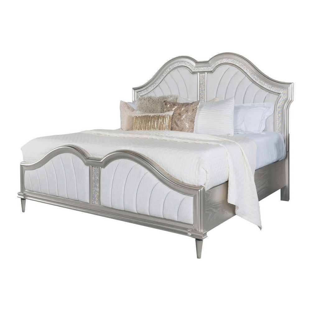 Nive Queen Bed, Oak Wood, Double Arched Upholstered Headboard, Ivory Silver