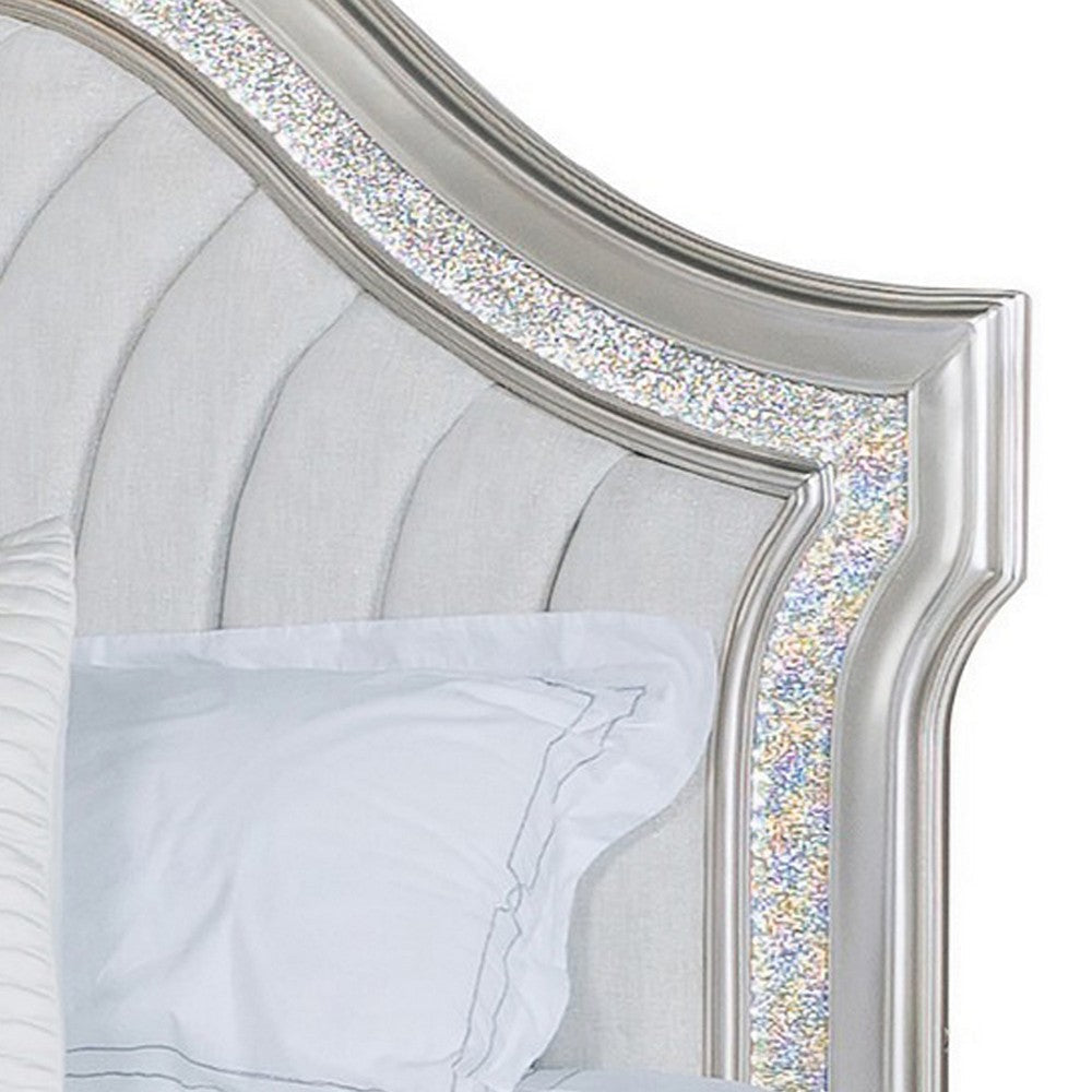 Nive King Bed Oak Wood Double Arched Upholstered Headboard Ivory Silver