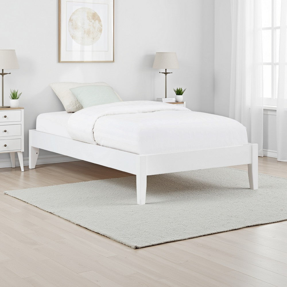 Cavi Twin Platform Bed Frame with Low Profile Tapered Legs, White Wood