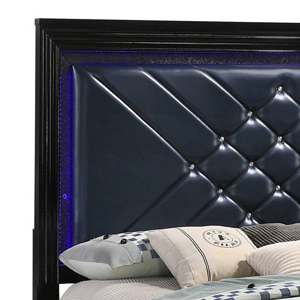 Vini Queen Bed LED Headboard Midnight Blue Faux Leather Upholstery Black By Casagear Home BM302833