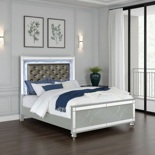 Gina California King Panel Bed, LED, Gray Faux Leather Upholstery, Silver By Casagear Home