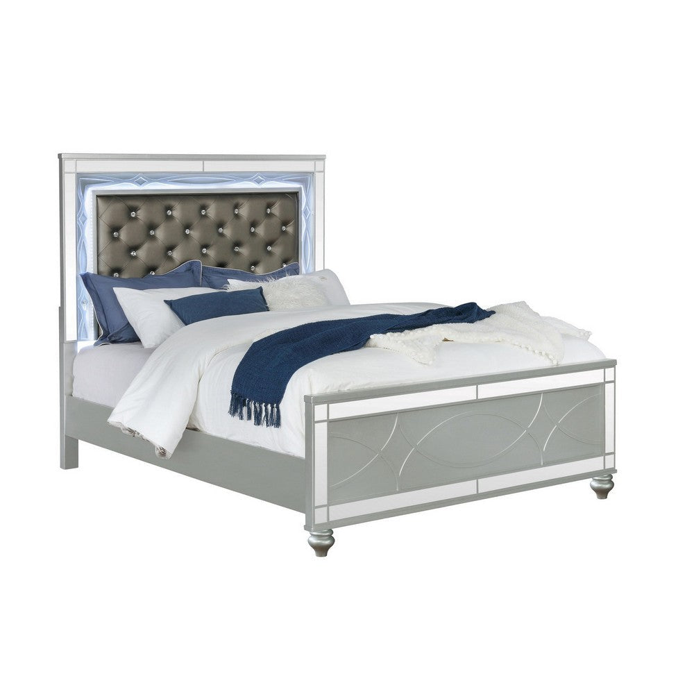 Gina California King Panel Bed, LED, Gray Faux Leather Upholstery, Silver By Casagear Home