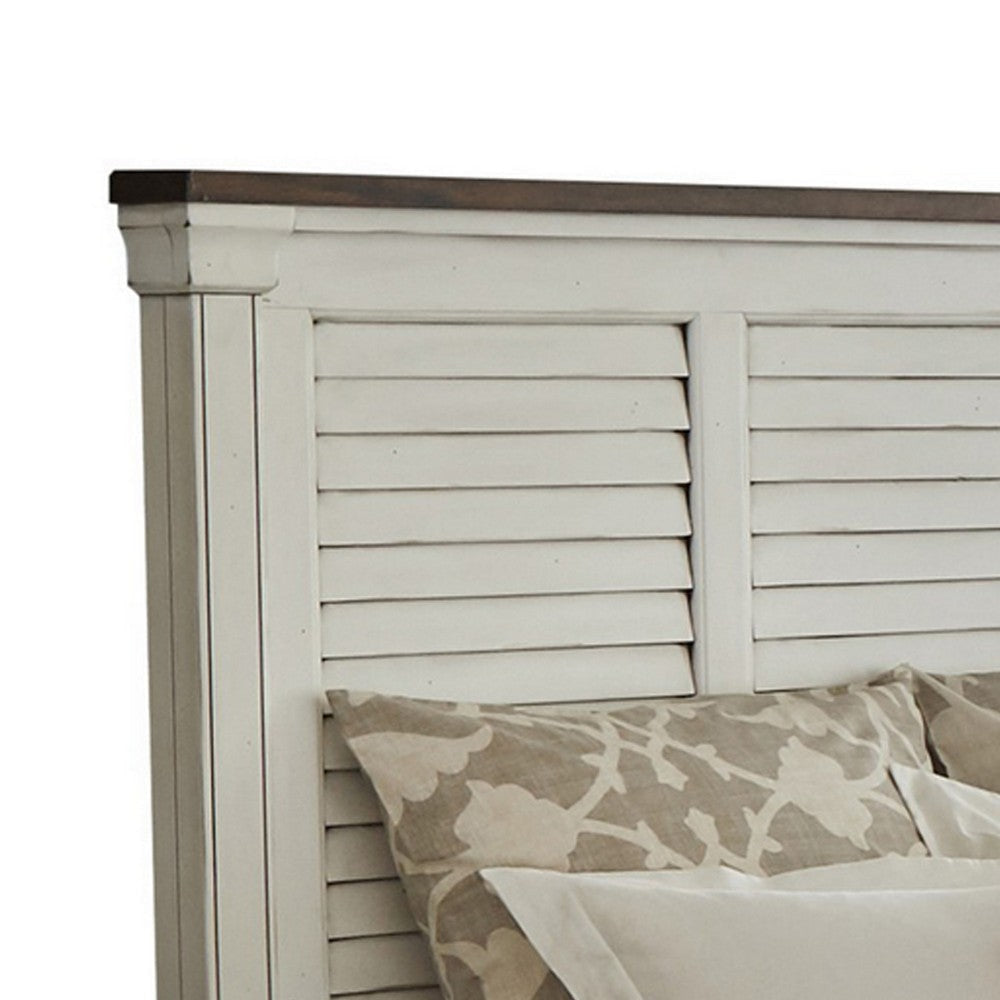 Ola Queen Panel Bed Shutter Style Headboard Molded Trim White and Brown By Casagear Home BM302842