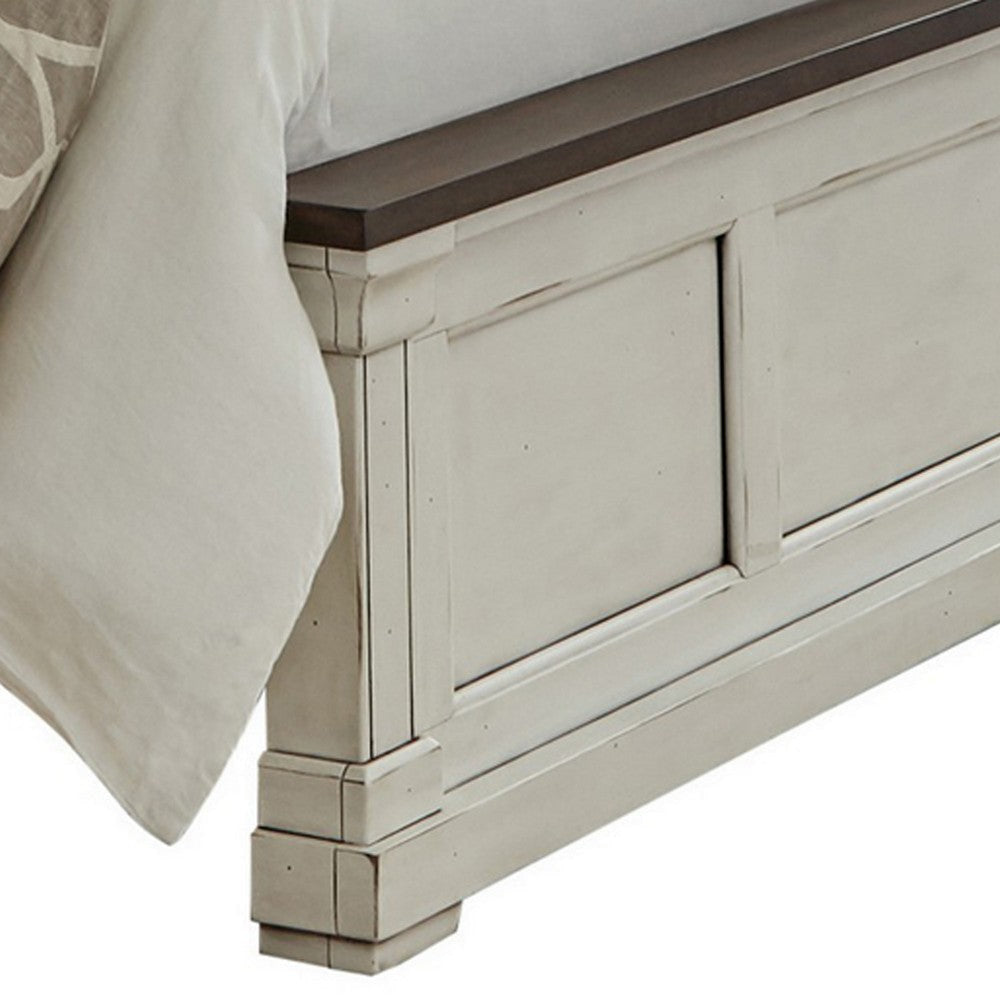 Ola Queen Panel Bed Shutter Style Headboard Molded Trim White and Brown By Casagear Home BM302842