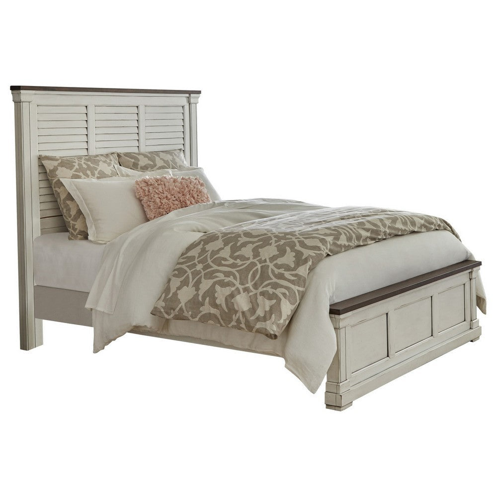 Ola King Panel Bed, Shutter Style Headboard, Molded Trim, White and Brown By Casagear Home