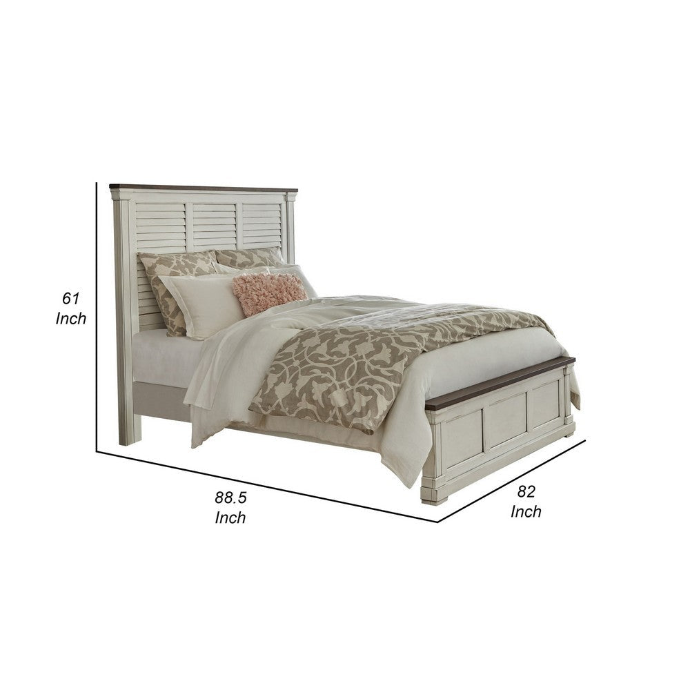 Ola King Panel Bed Shutter Style Headboard Molded Trim White and Brown By Casagear Home BM302843