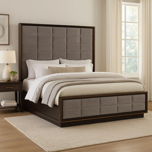 Hena California King Bed, Grid Tufted Taupe Upholstered Tall Panel Headboard By Casagear Home