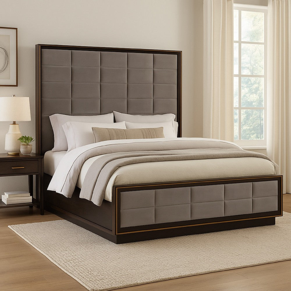 Hena California King Bed, Grid Tufted Taupe Upholstered Tall Panel Headboard By Casagear Home