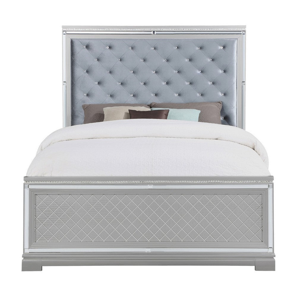 Axl Queen Size Bed Tufted Headboard Mirror Trim Silver Velvet Upholstery By Casagear Home BM302854