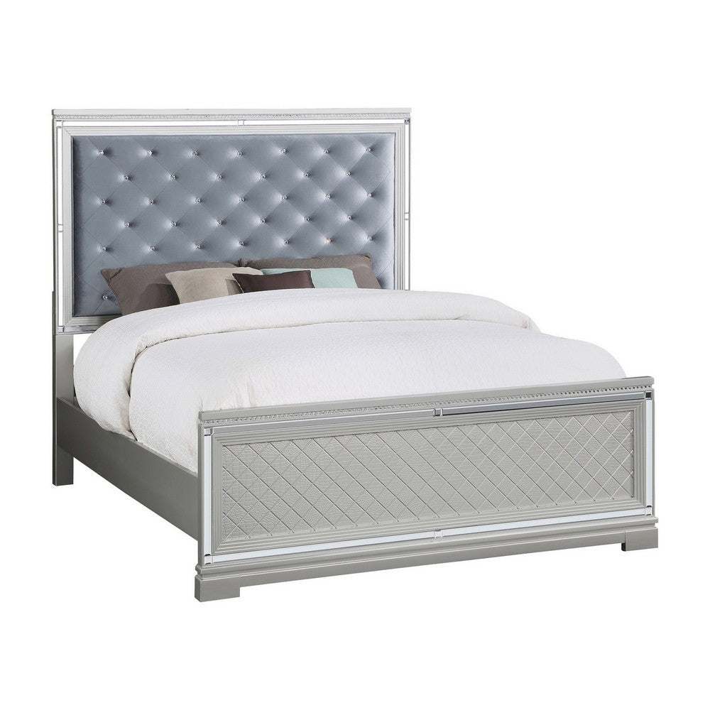 Axl California King Size Bed, Tufted Headboard, Silver Velvet Upholstery By Casagear Home