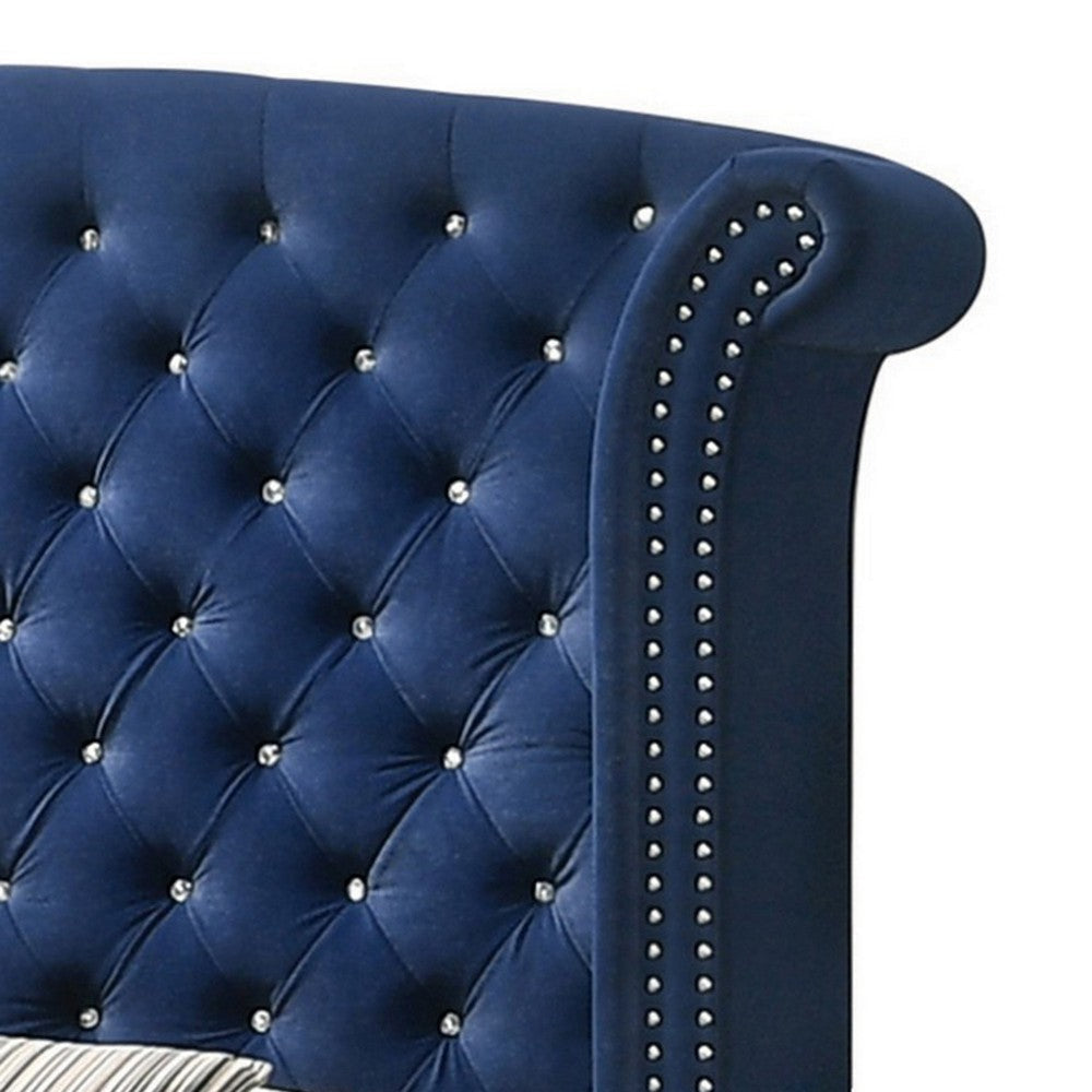 Giya Wingback Queen Bed Tufted Headboard Pacific Blue Velvet Upholstery