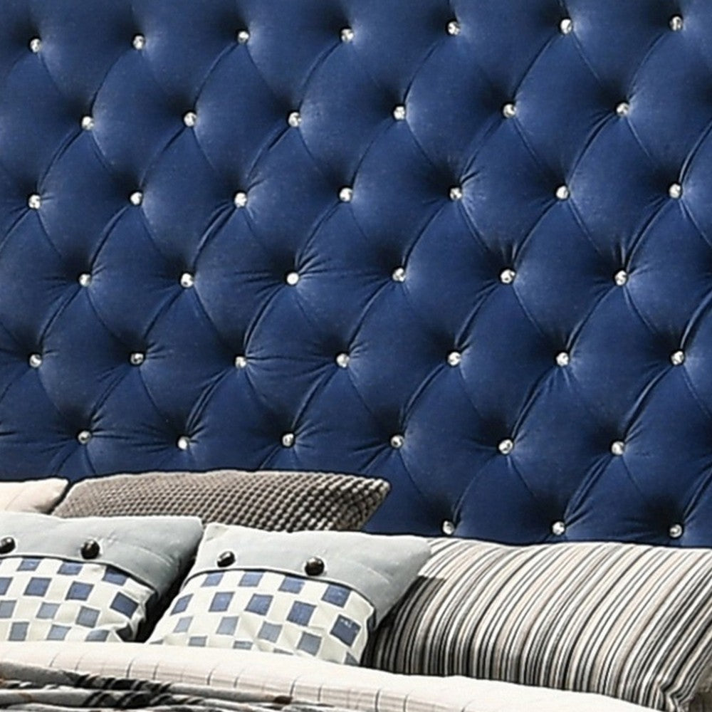 Giya Wingback Queen Bed Tufted Headboard Pacific Blue Velvet Upholstery