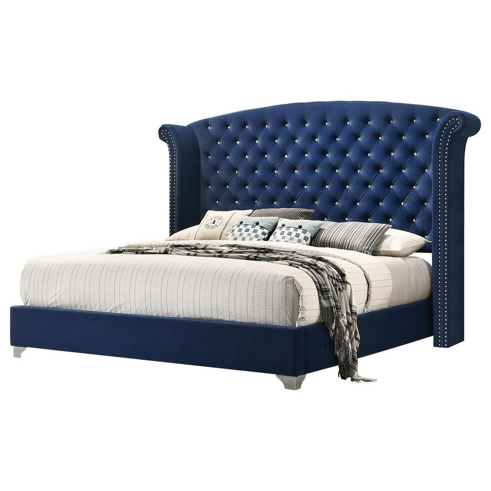 Giya Wingback King Bed, Tufted Headboard, Pacific Blue Velvet Upholstery By Casagear Home