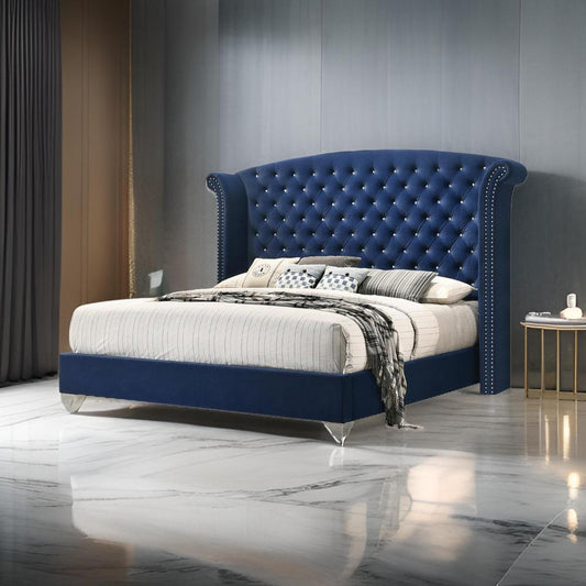 Giya Wingback King Bed, Tufted Headboard, Pacific Blue Velvet Upholstery By Casagear Home