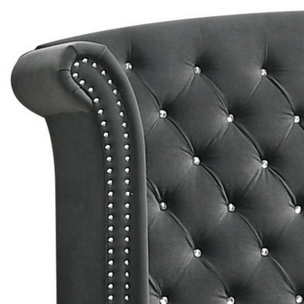 Giya Wingback Queen Bed Tufted Headboard Nailed Gray Velvet Upholstery