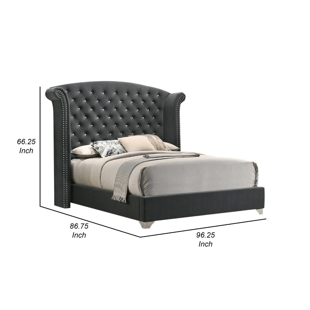 Giya Wingback King Bed Tufted Headboard Nailed Gray Velvet Upholstery By Casagear Home BM302871