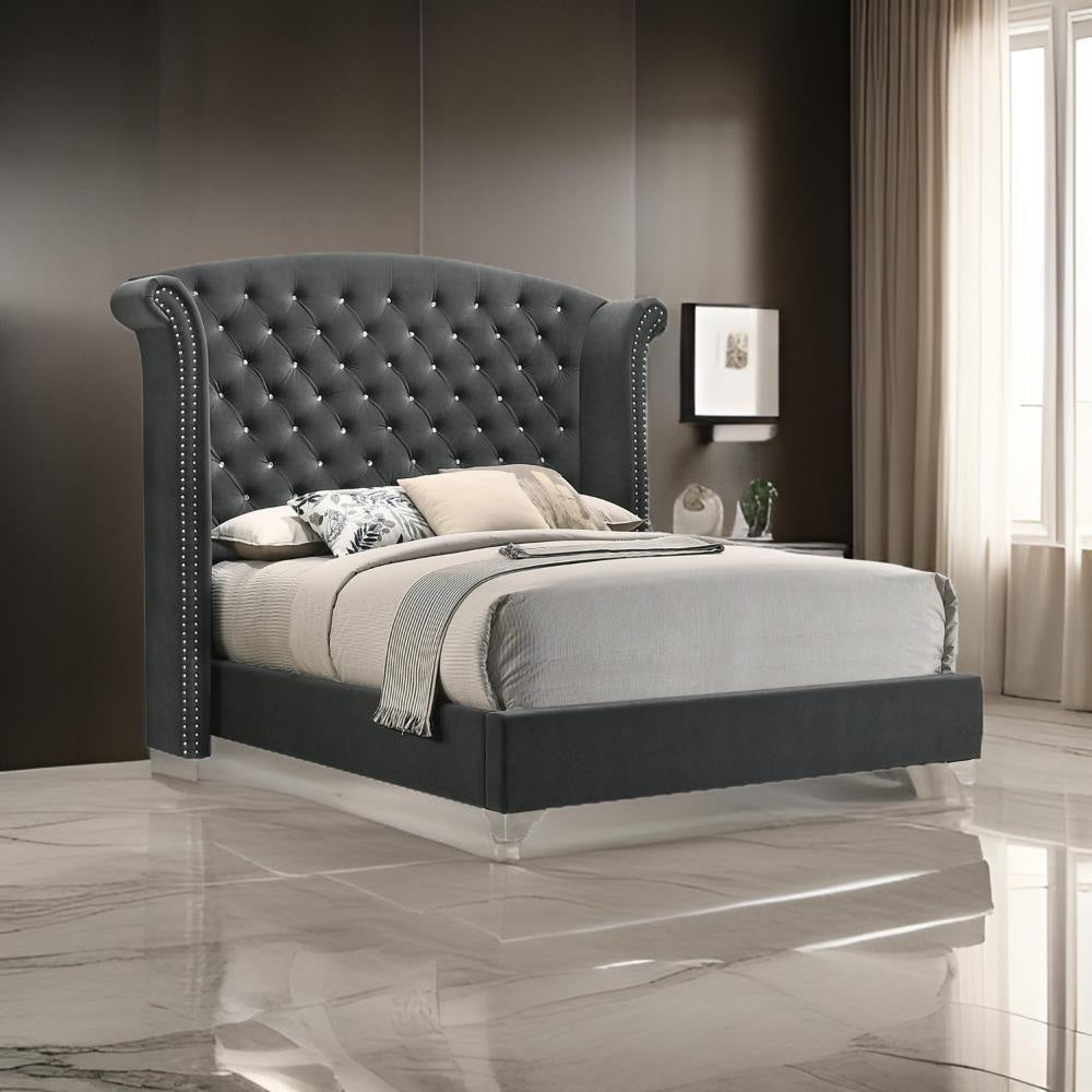Giya Wingback King Bed, Tufted Headboard, Nailed Gray Velvet Upholstery By Casagear Home