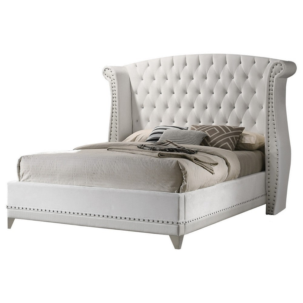 Dini Wingback Queen Bed, Crystal Button Tufting, White Velvet Upholstery By Casagear Home