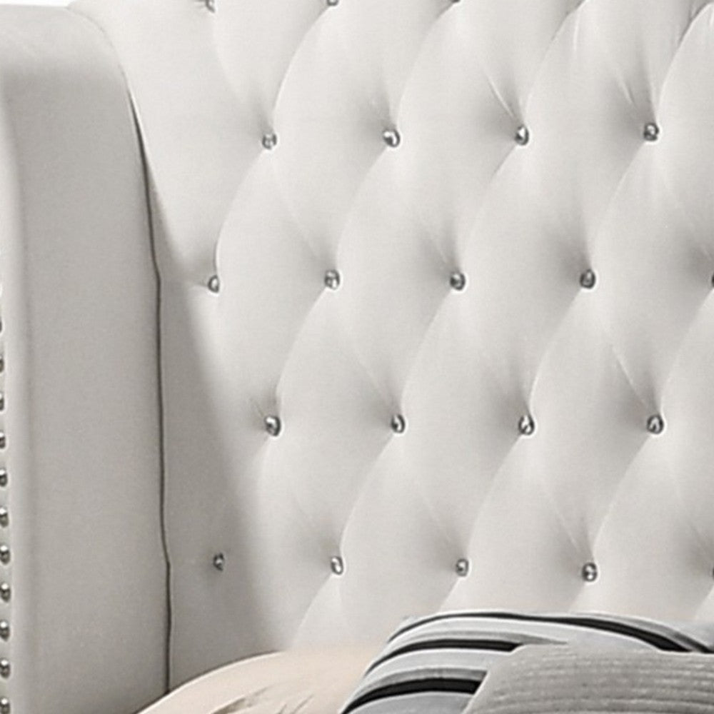 Dini Wingback Queen Bed Crystal Button Tufting White Velvet Upholstery By Casagear Home