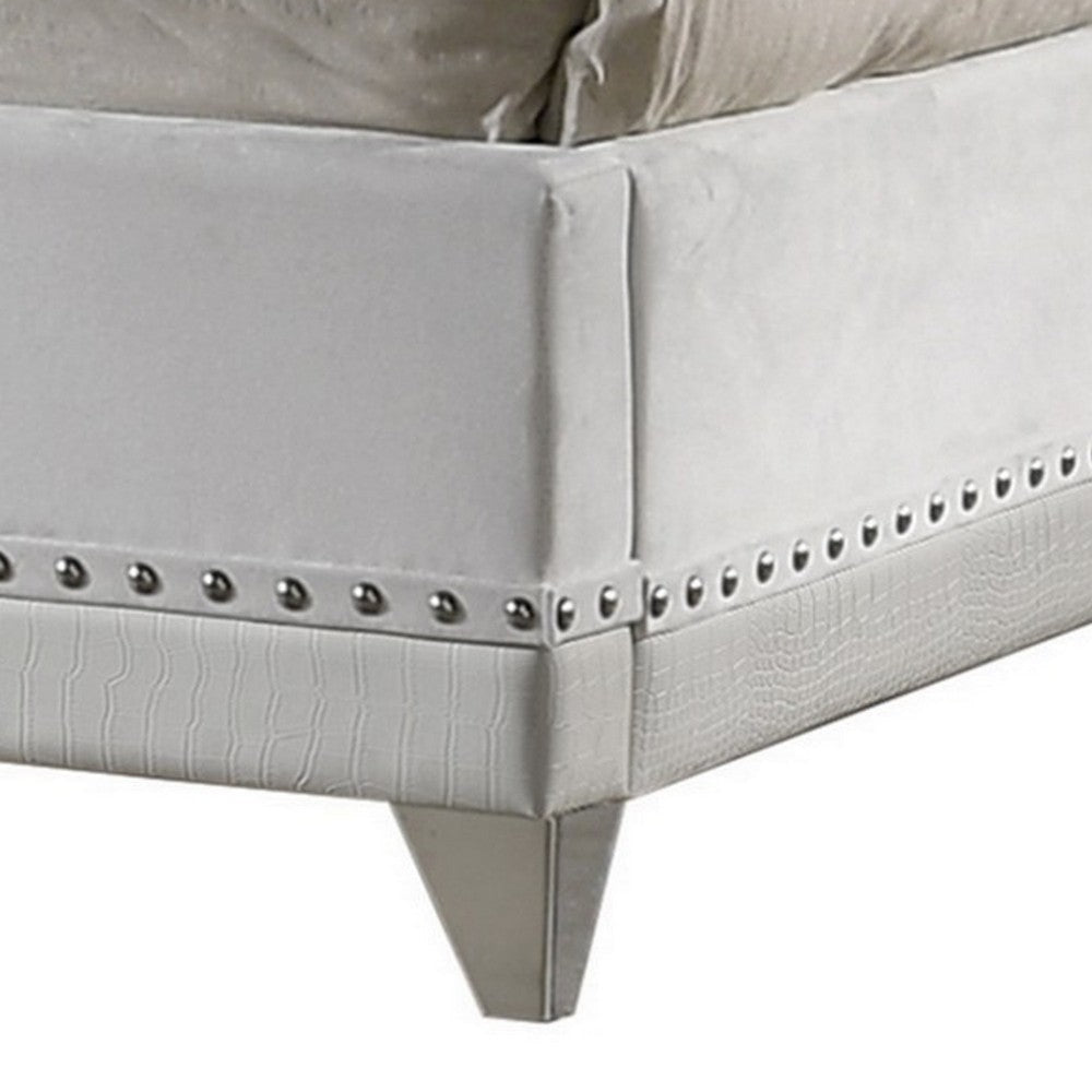 Dini Wingback Queen Bed Crystal Button Tufting White Velvet Upholstery By Casagear Home