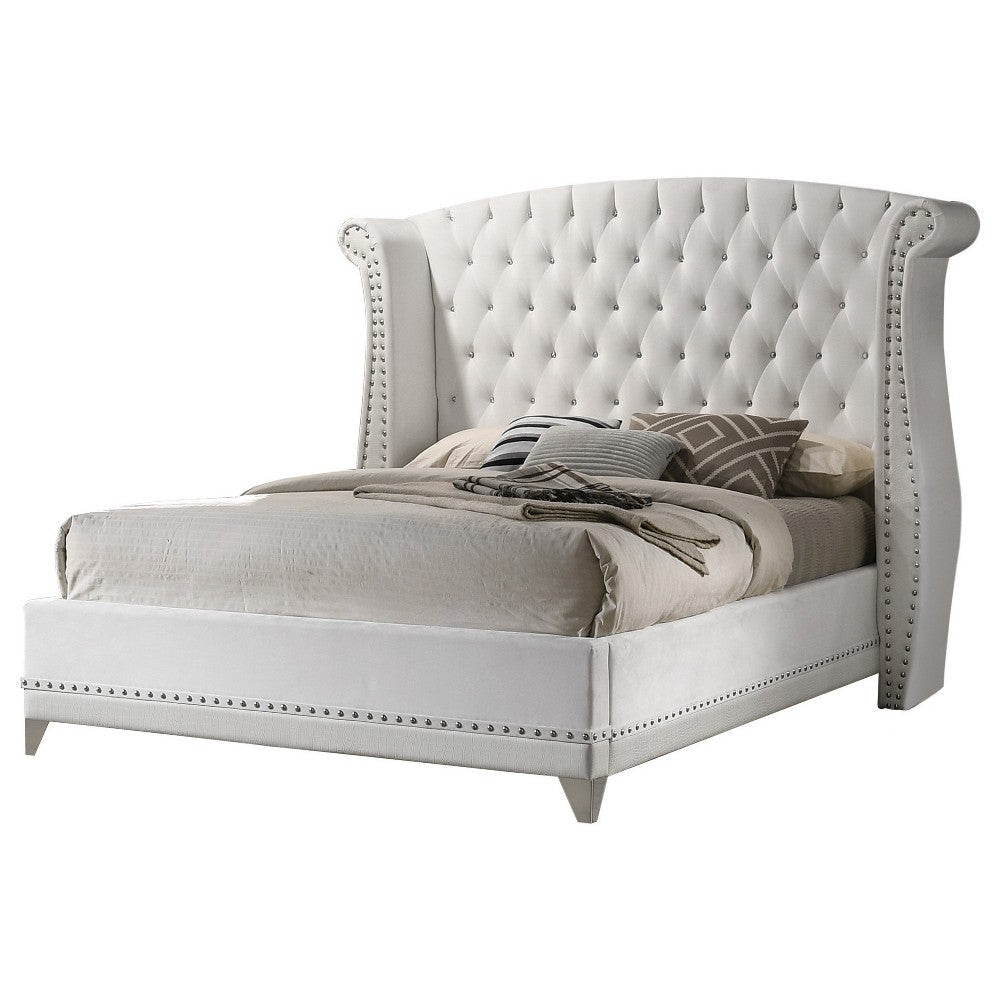 Dini Wingback King Bed Crystal Button Tufting White Velvet Upholstery By Casagear Home