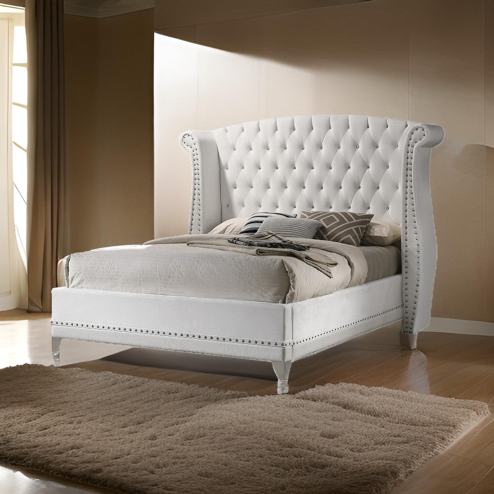 Dini Wingback King Bed, Crystal Button Tufting, White Velvet Upholstery By Casagear Home