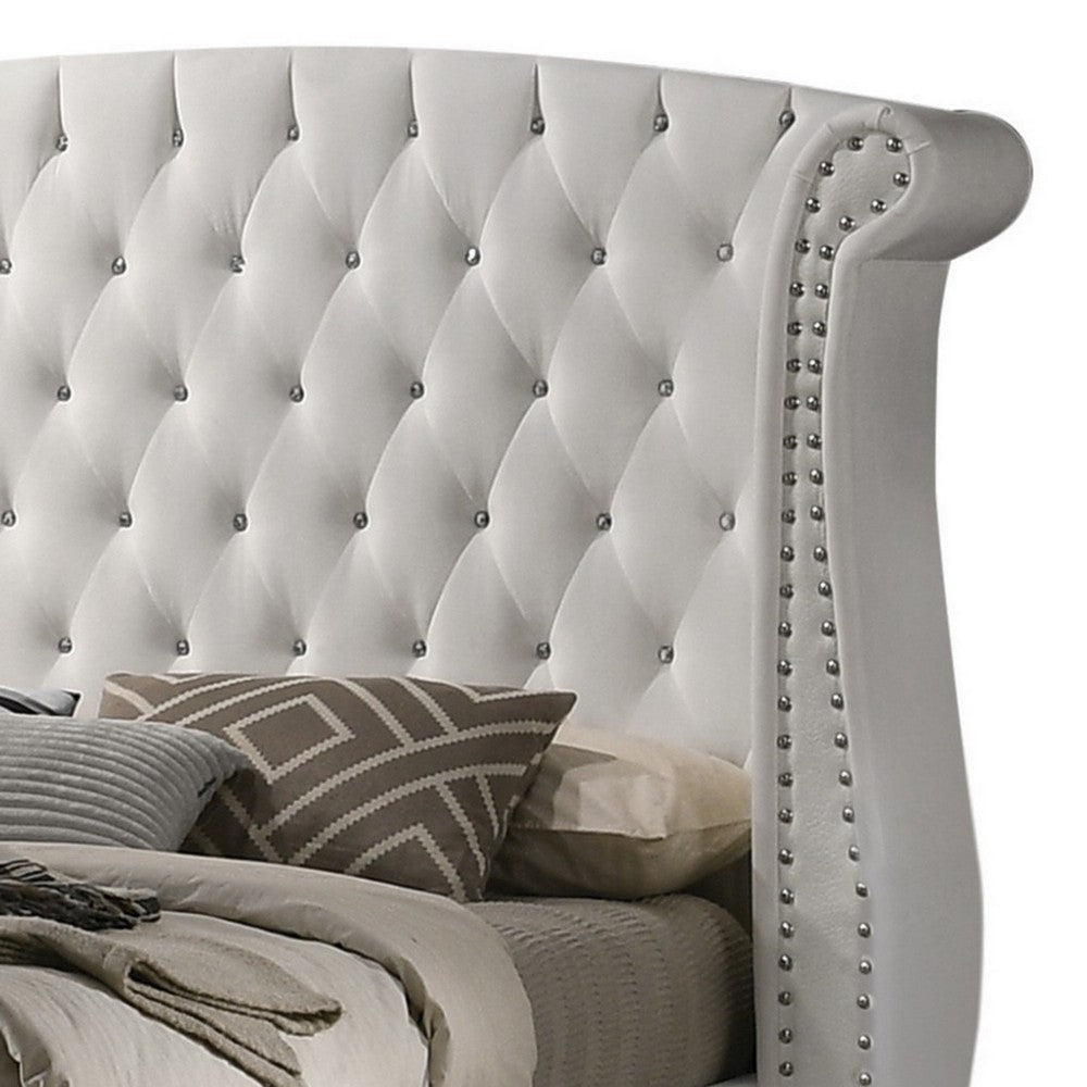 Dini California King Bed Crystal Button Tufting White Velvet Upholstery BM302875