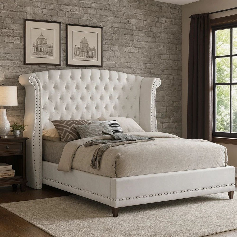 Dini California King Bed, Crystal Button Tufting, White Velvet Upholstery