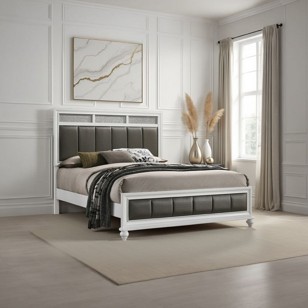 Dini Queen Panel Bed, Glitter Headboard, Channeled Metallic Gray Upholstery